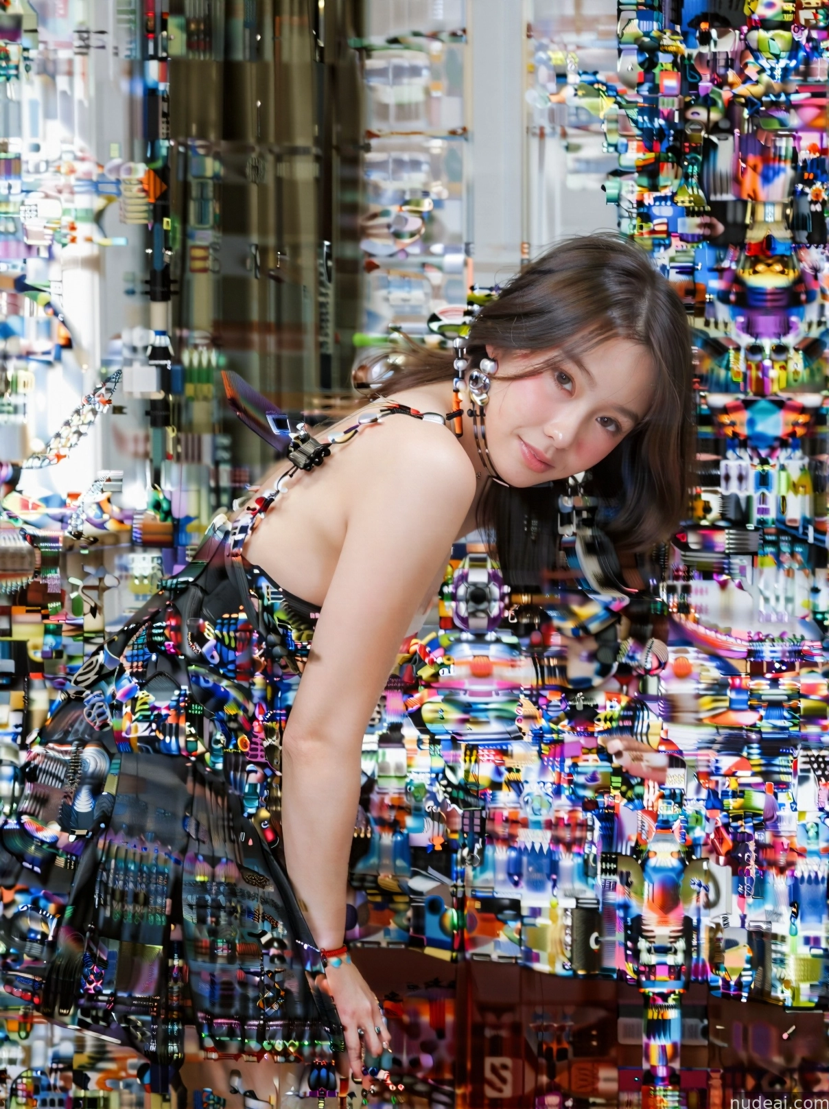 arafed woman in a dress standing in front of a pile of cell phones