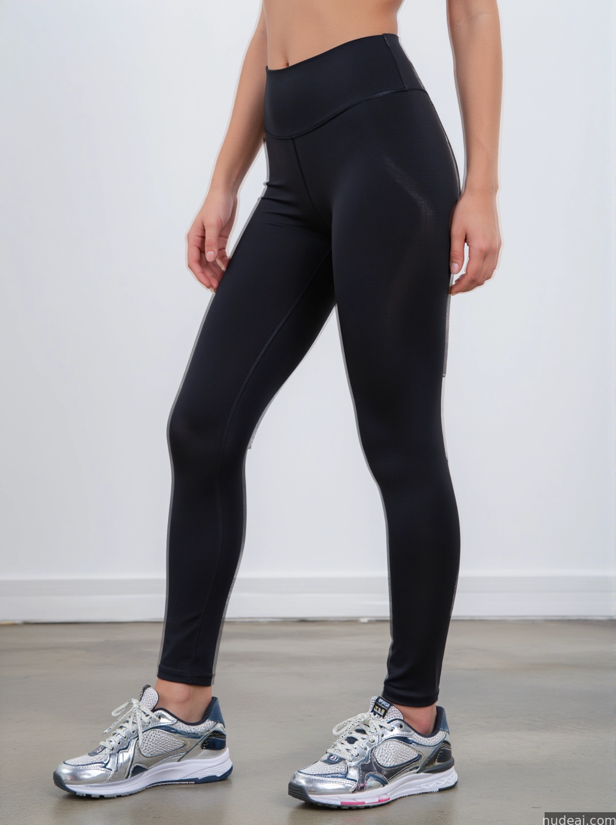 arafed woman in black leggings and sports bra top standing on a gray floor