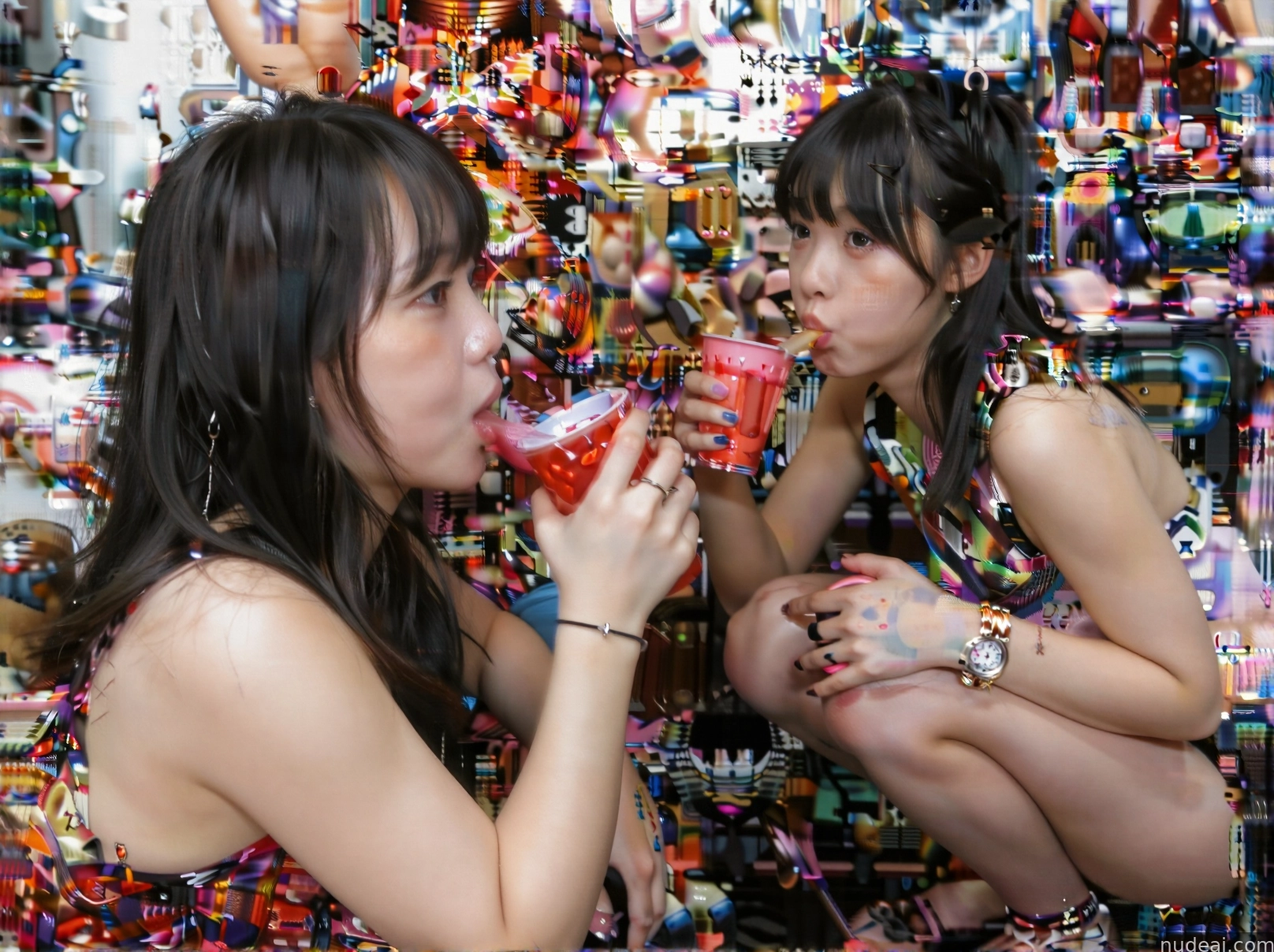 two women sitting on the ground eating candy and drinking