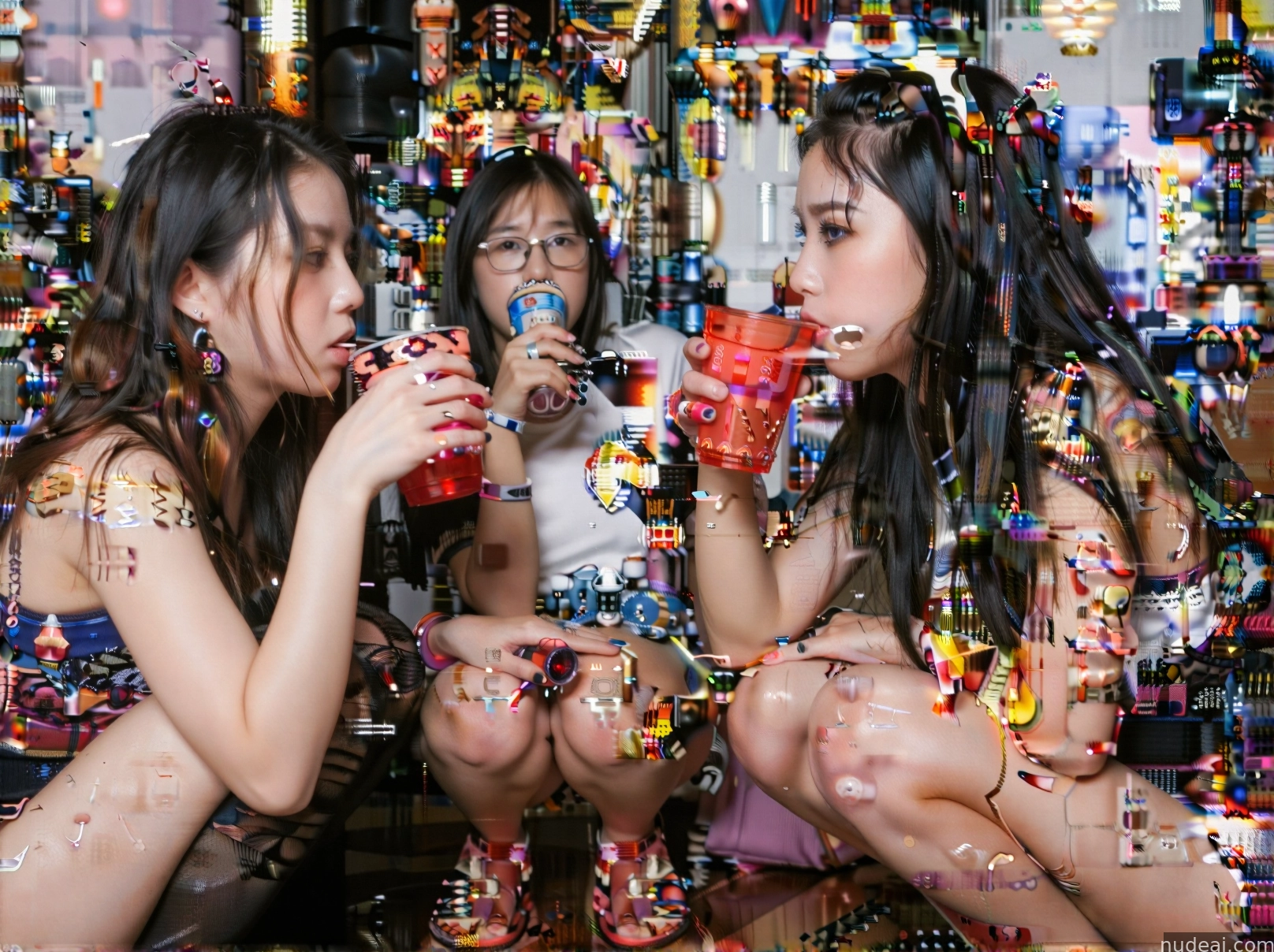 three women sitting on the floor drinking from cups in front of a mirror