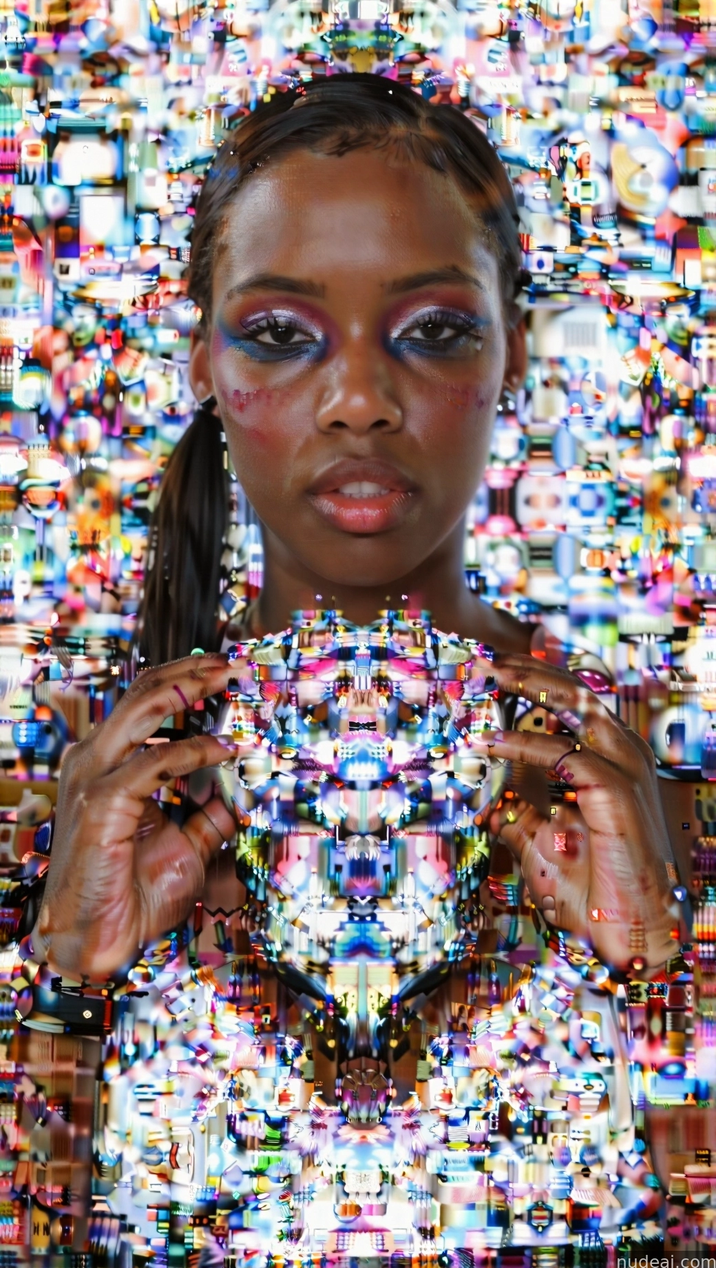 arafed image of a woman with a heart made of many small squares