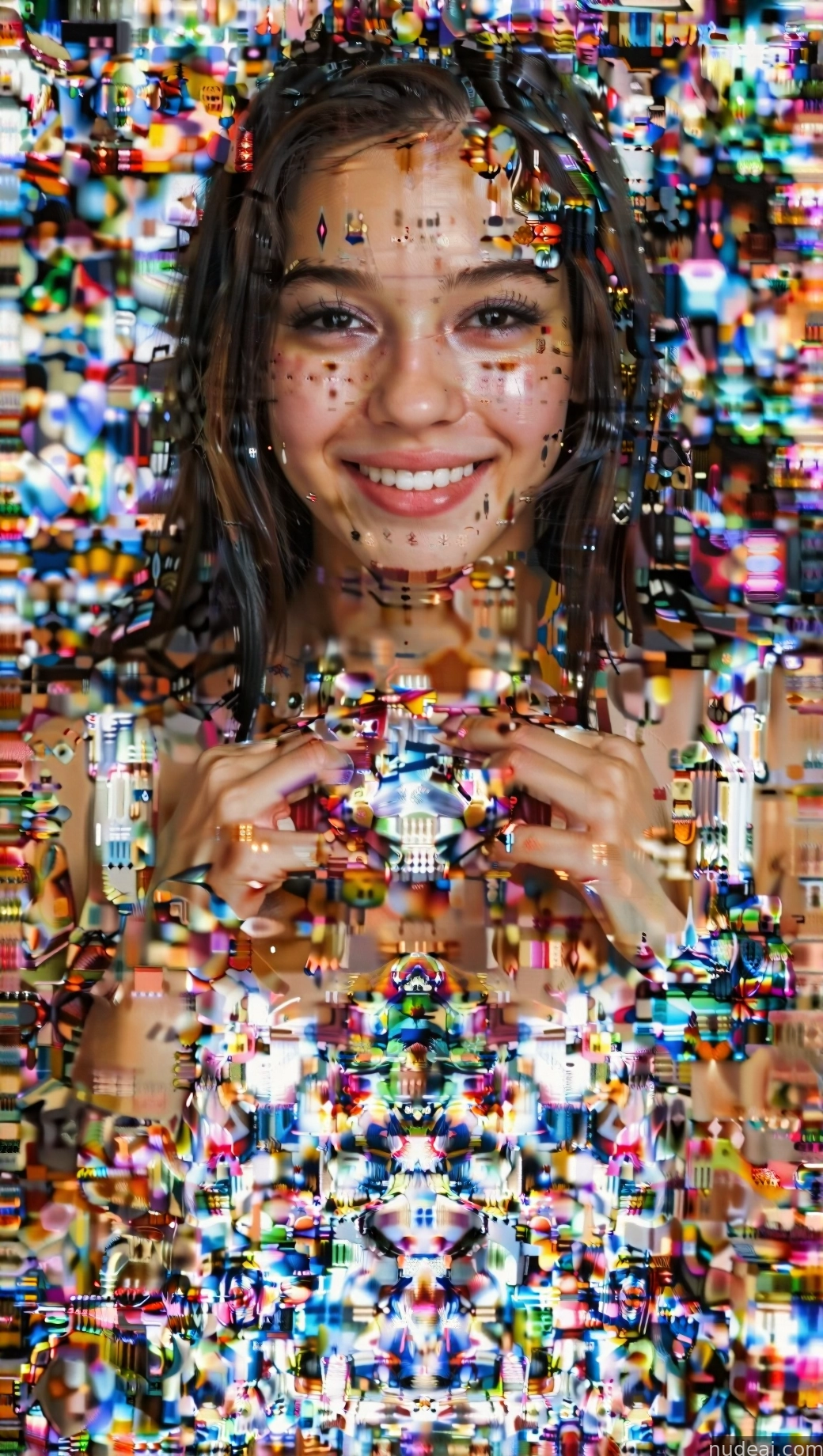 a close up of a woman holding a camera in front of a mosaic of images