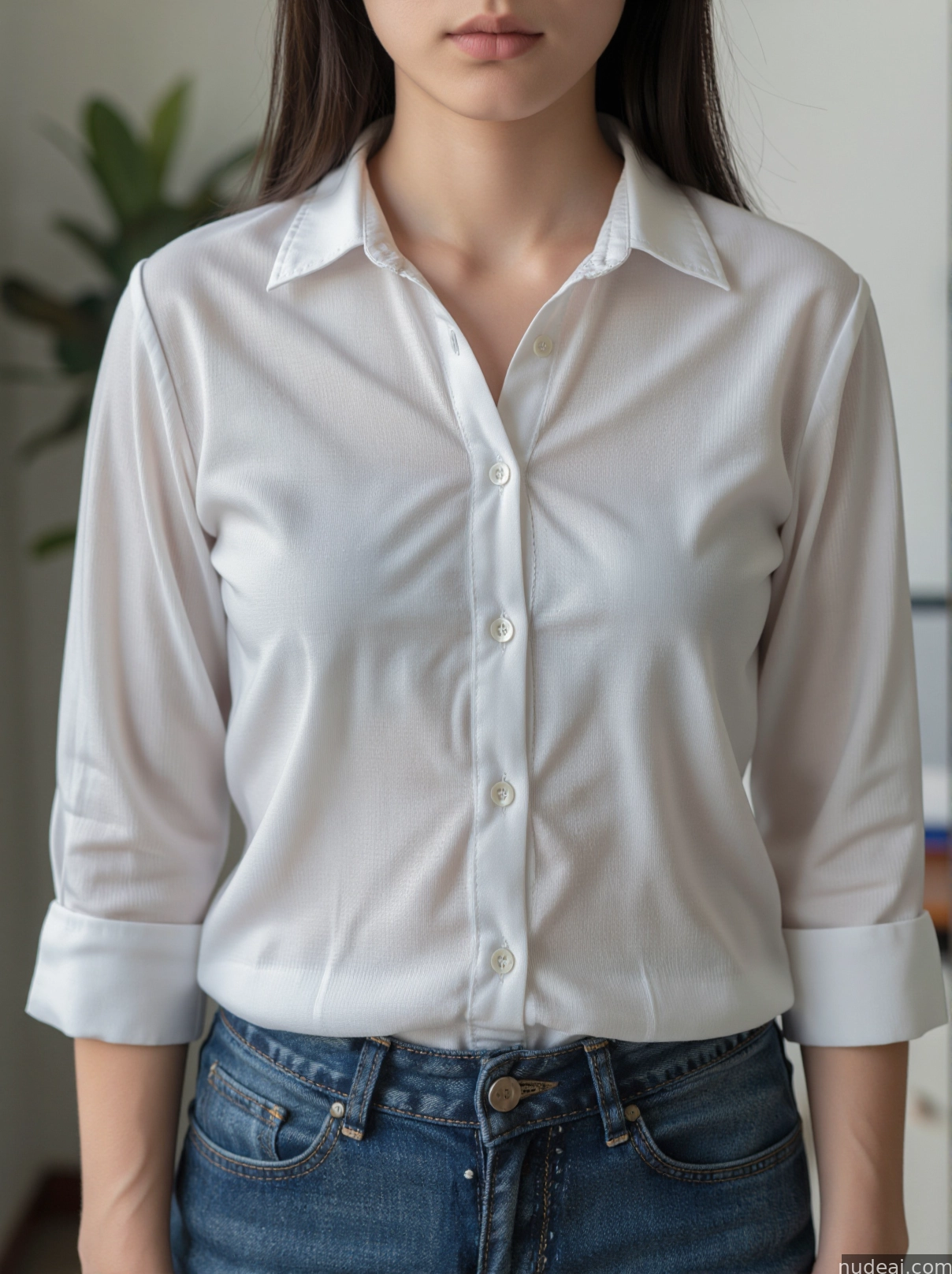arafed woman in a white shirt and jeans standing in a room