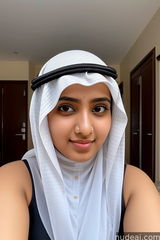 arafed woman in a white head scarf and black top