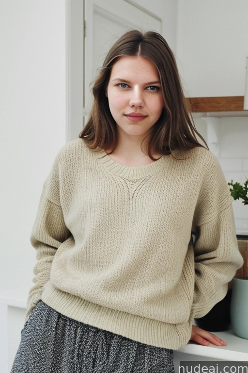 arafed woman in a sweater leaning on a counter with a potted plant