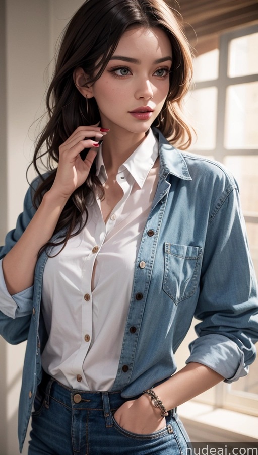 arafed woman in a white shirt and blue jeans posing for a picture