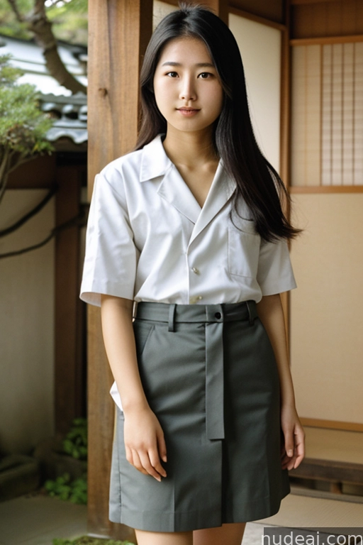 arafed asian woman in a white shirt and grey skirt