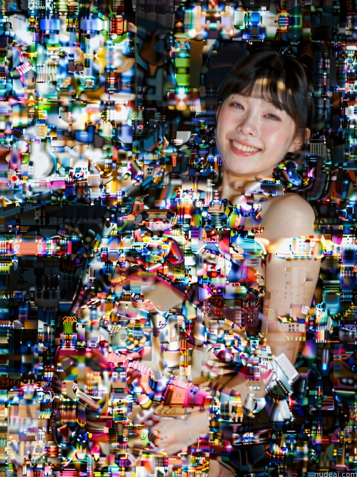 there is a woman that is standing in front of a wall of pictures