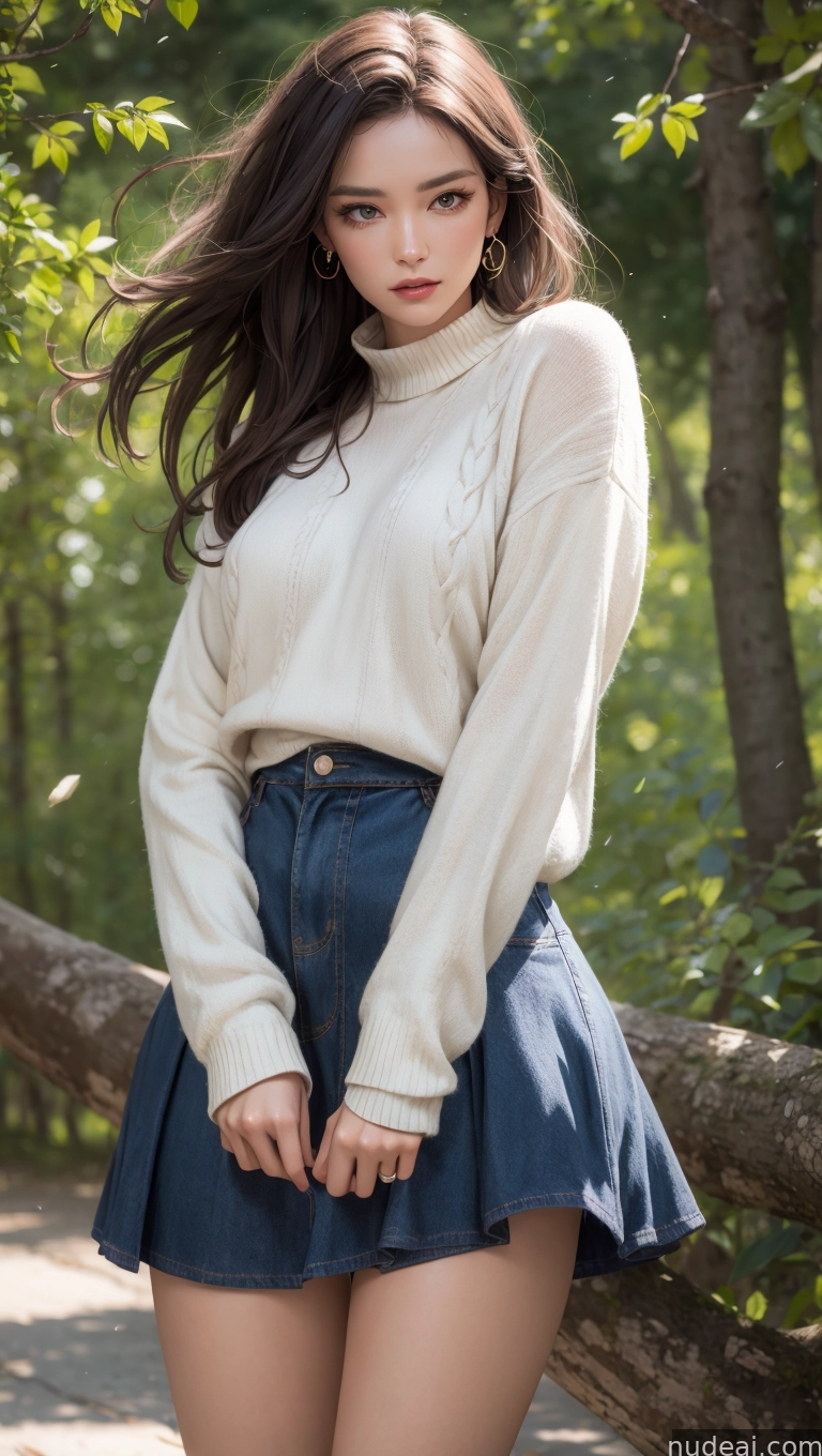 arafed woman in a skirt posing for a picture in a wooded area