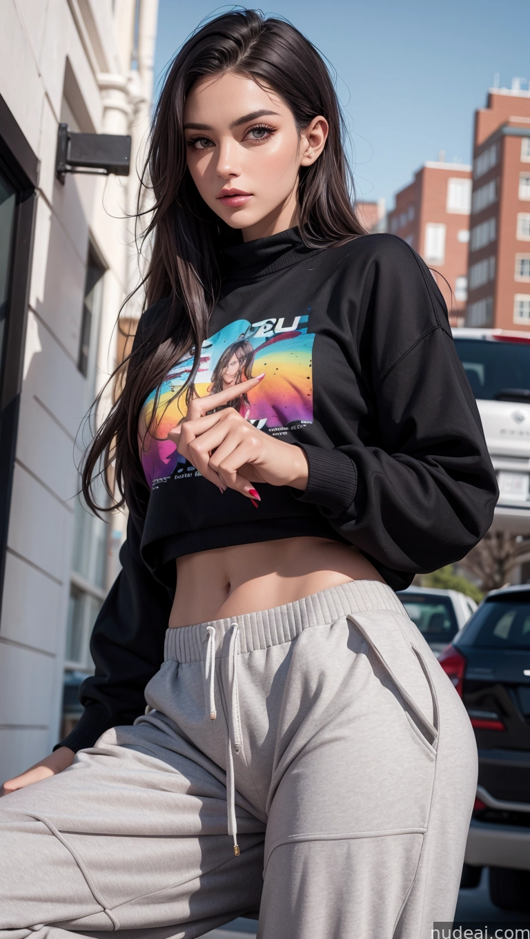 arafed woman in a black shirt and grey pants posing for a picture