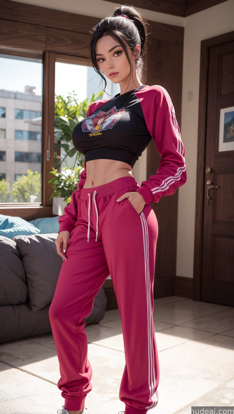 arafed woman in a black top and pink pants posing for a picture