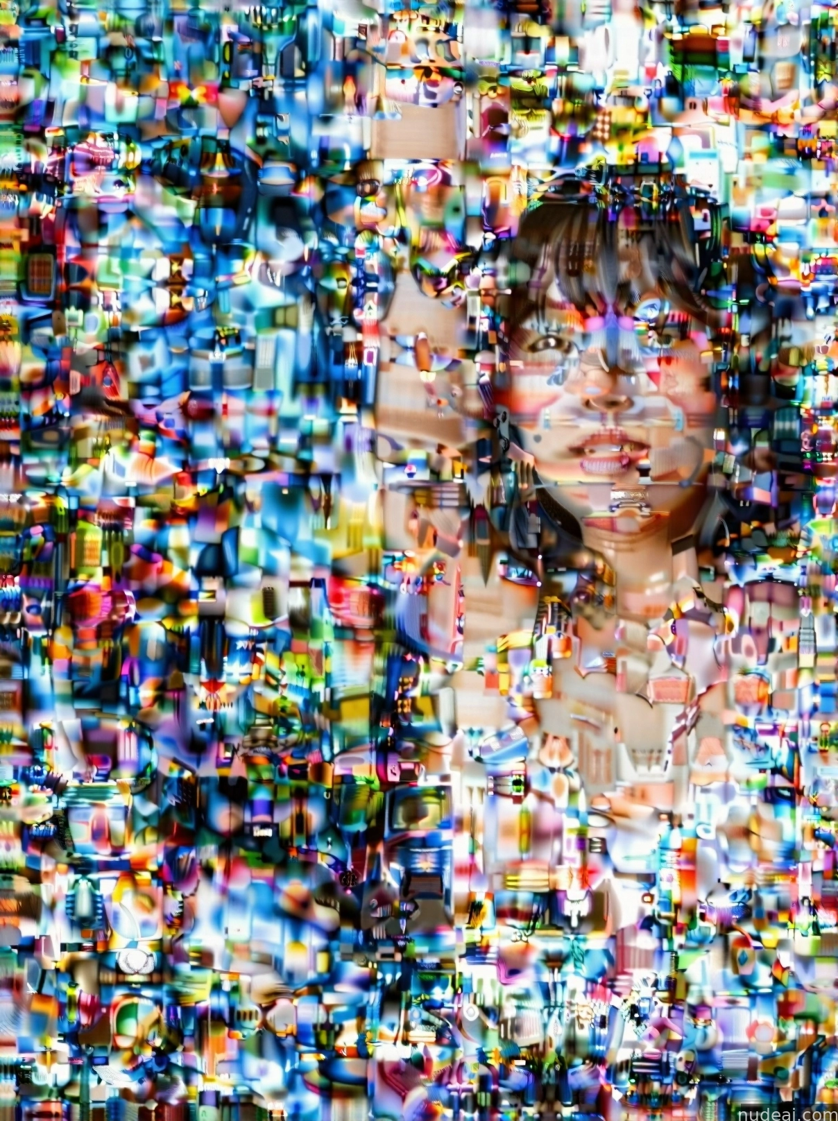arafed image of a woman with a lot of small objects in her face