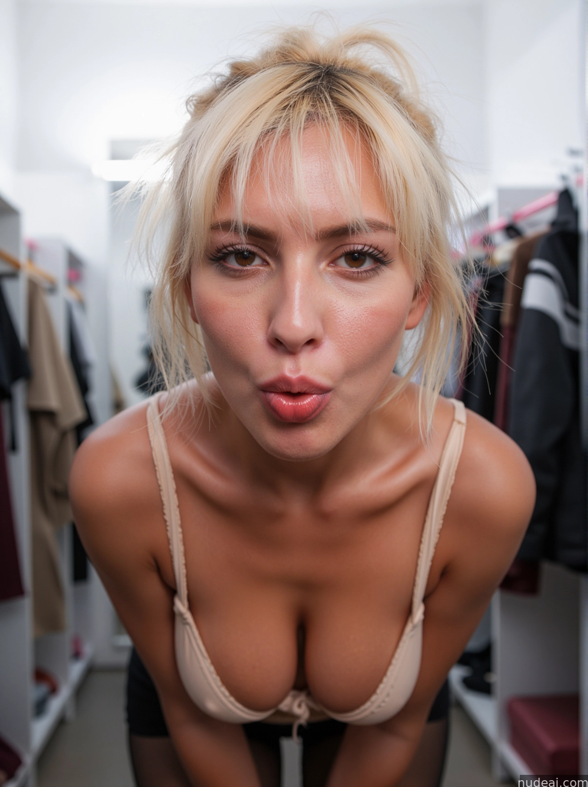 blond woman with big tits posing in a closet with clothes