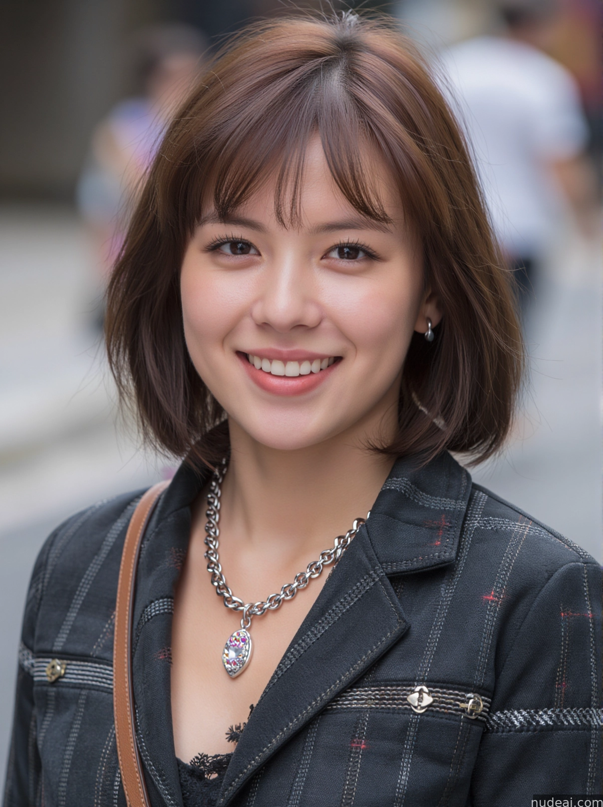 smiling woman with a necklace and a necklace on her neck