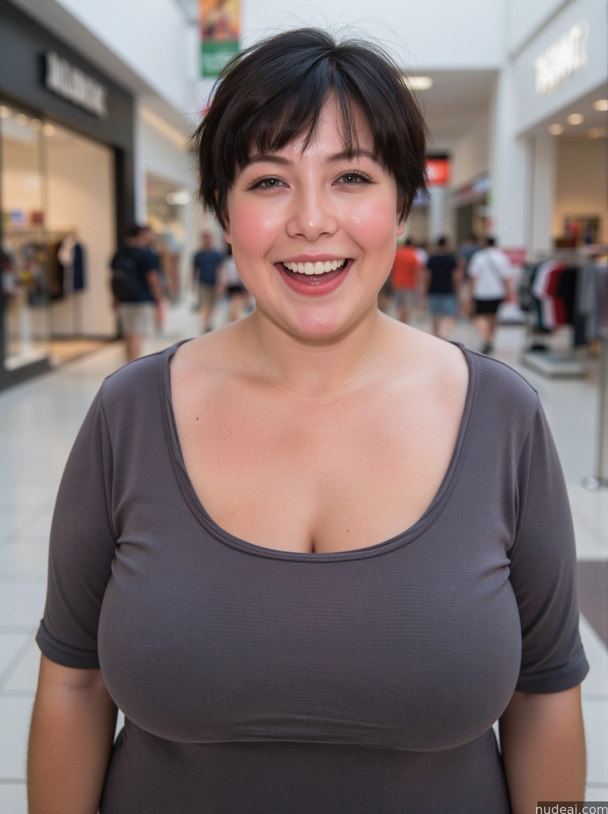 smiling woman in a gray shirt standing in a mall