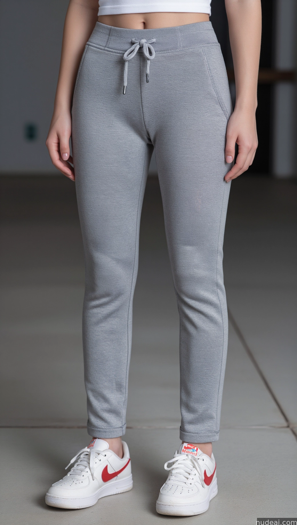 arafed woman in grey pants and white sneakers standing on a cement floor