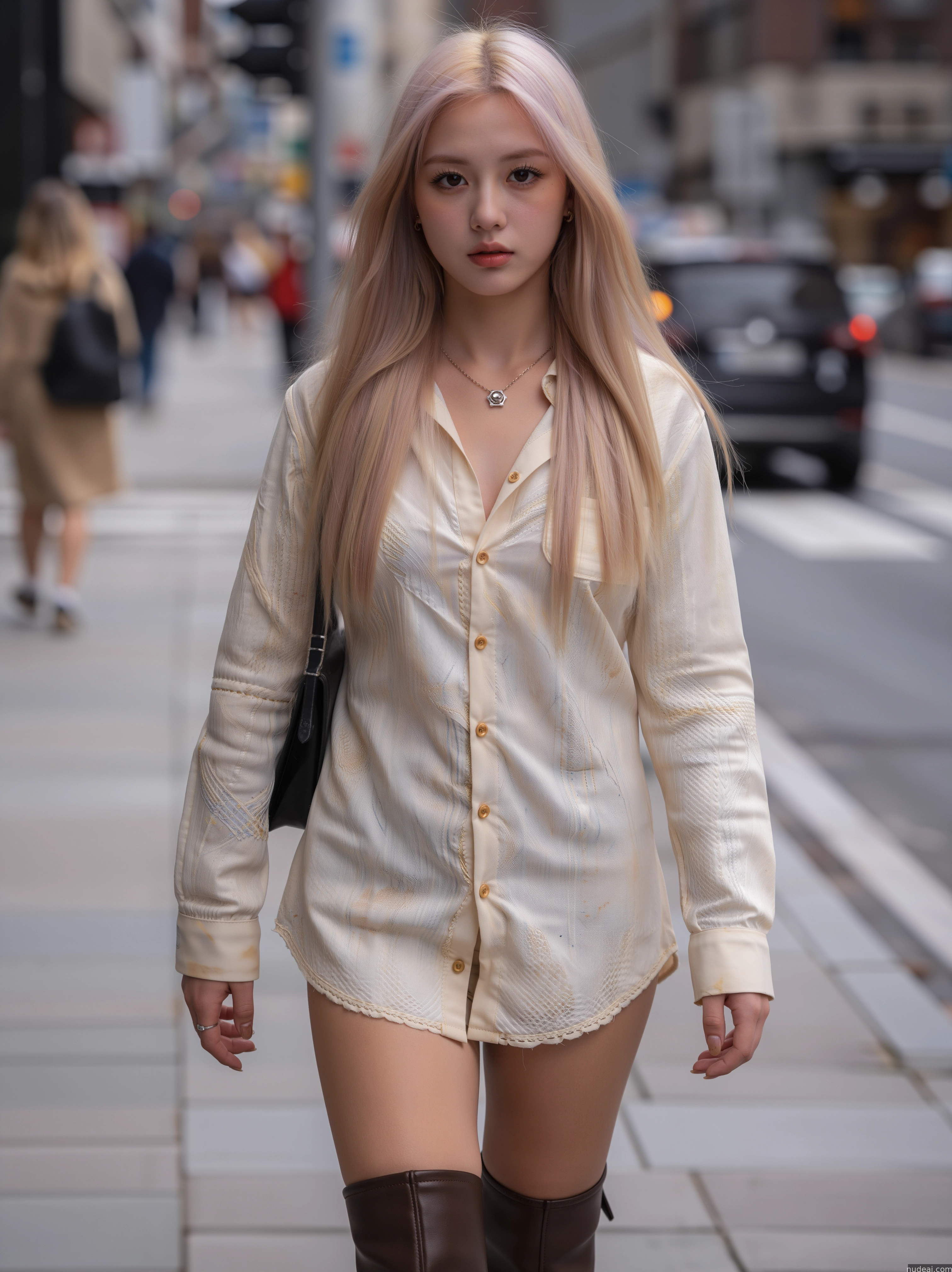 blond woman with long hair walking down the street in a white shirt