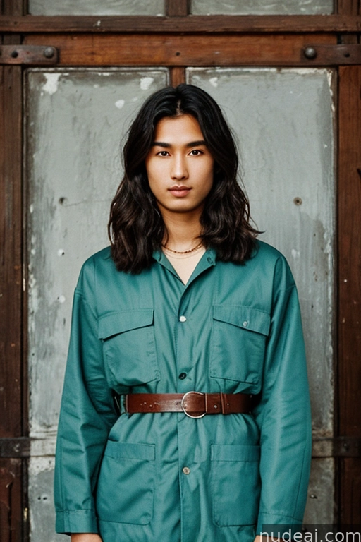 arafed woman in a green shirt and brown belt standing in front of a door