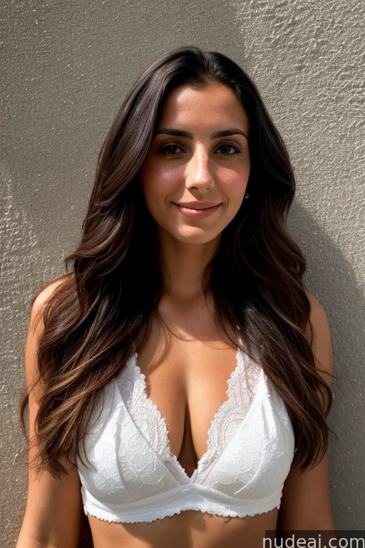 arafed woman in white bra top standing against a wall