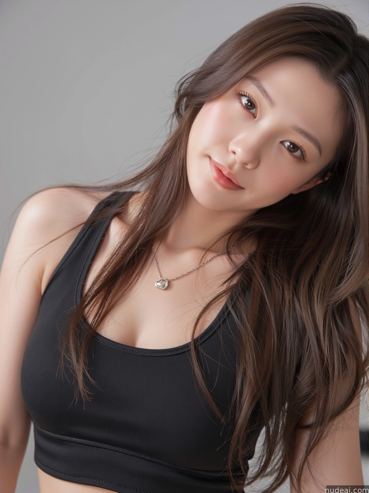 arafed asian woman in a black sports bra top posing for a picture