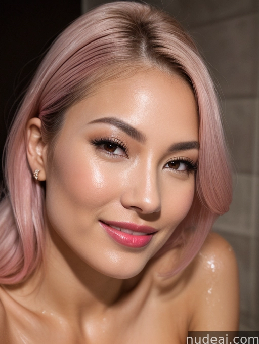 there is a woman with pink hair and a pink top posing for a picture