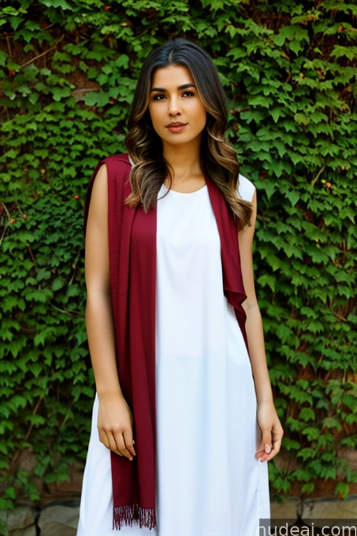 arafed woman in a white dress and red scarf standing in front of a wall
