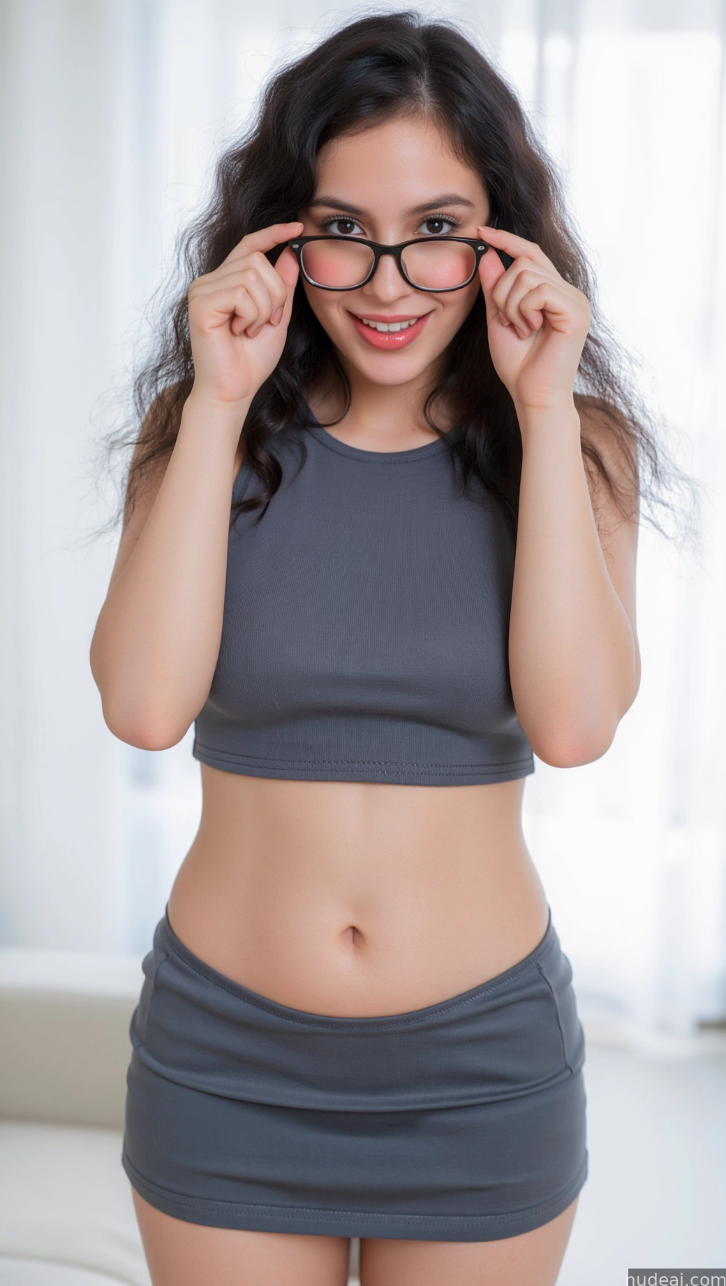 there is a woman in a gray top and skirt holding glasses