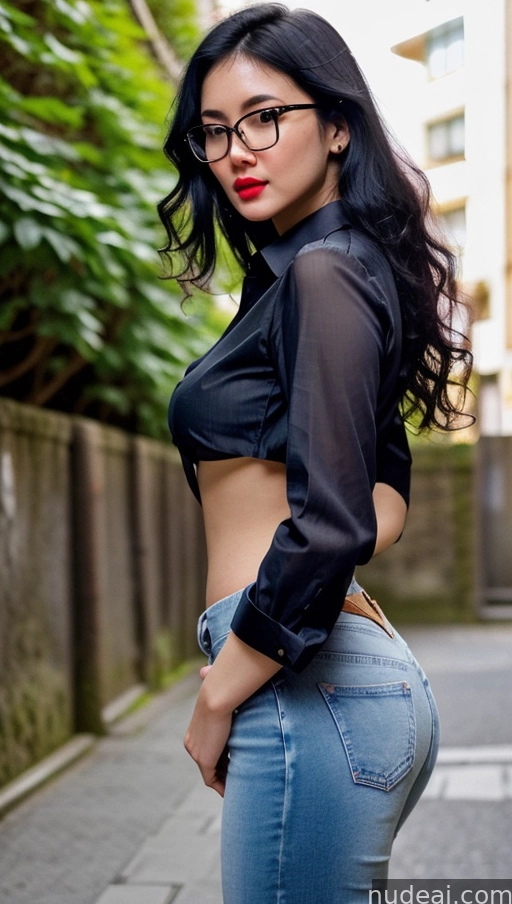 araffed woman in glasses and a black shirt posing for a picture