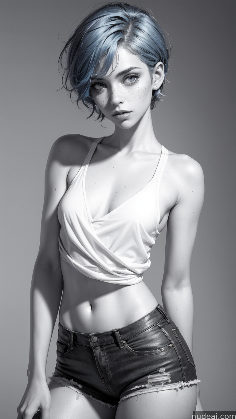 arafed woman with blue hair posing in black and white photo