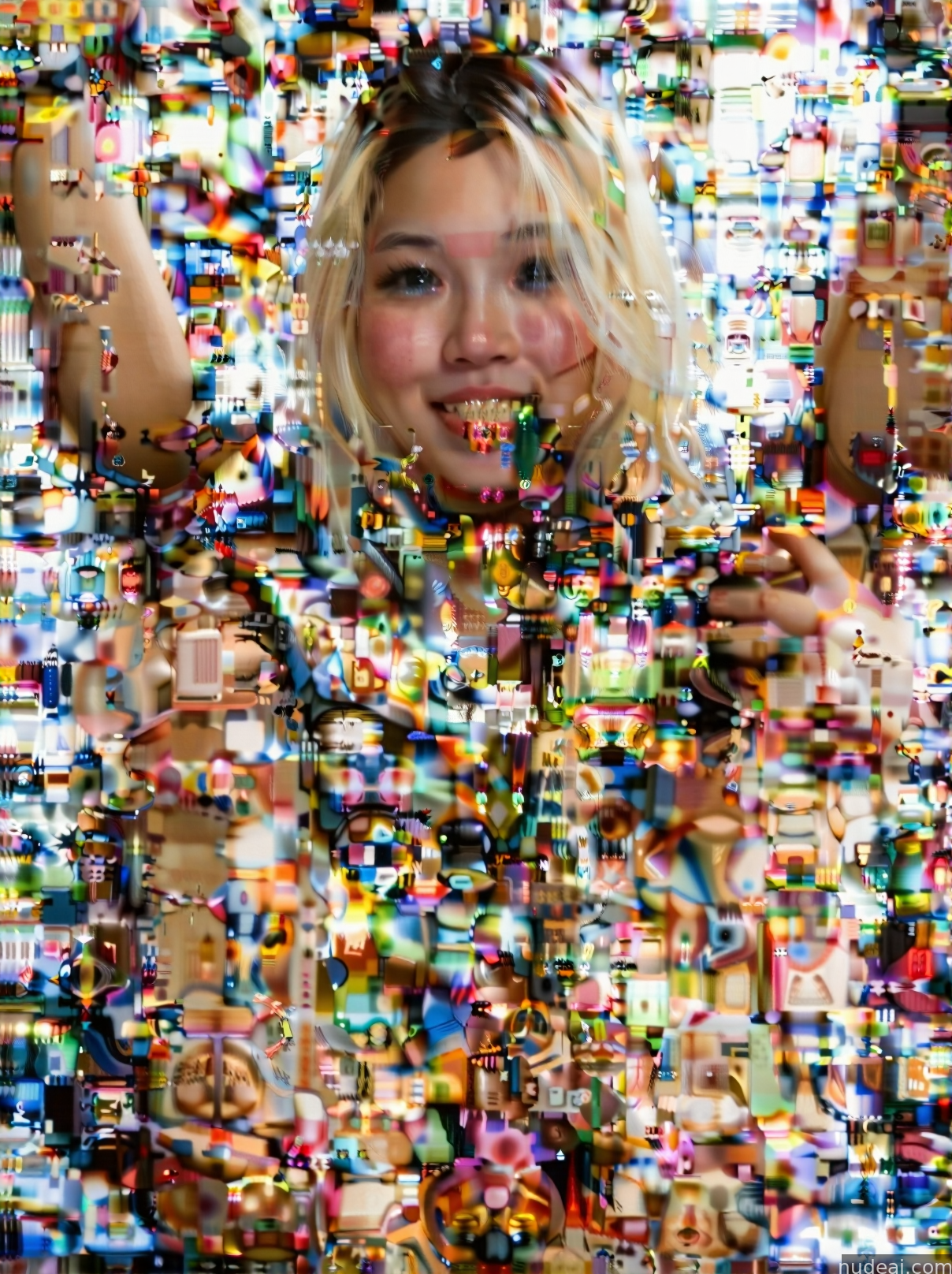 arafed image of a woman holding a bunch of toys in front of her face