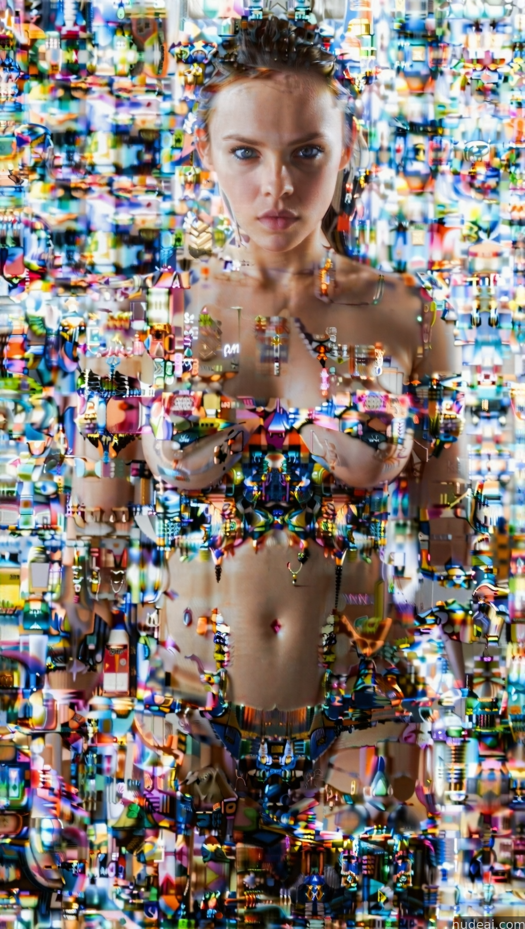 arafed image of a woman in a bikini with a lot of small objects