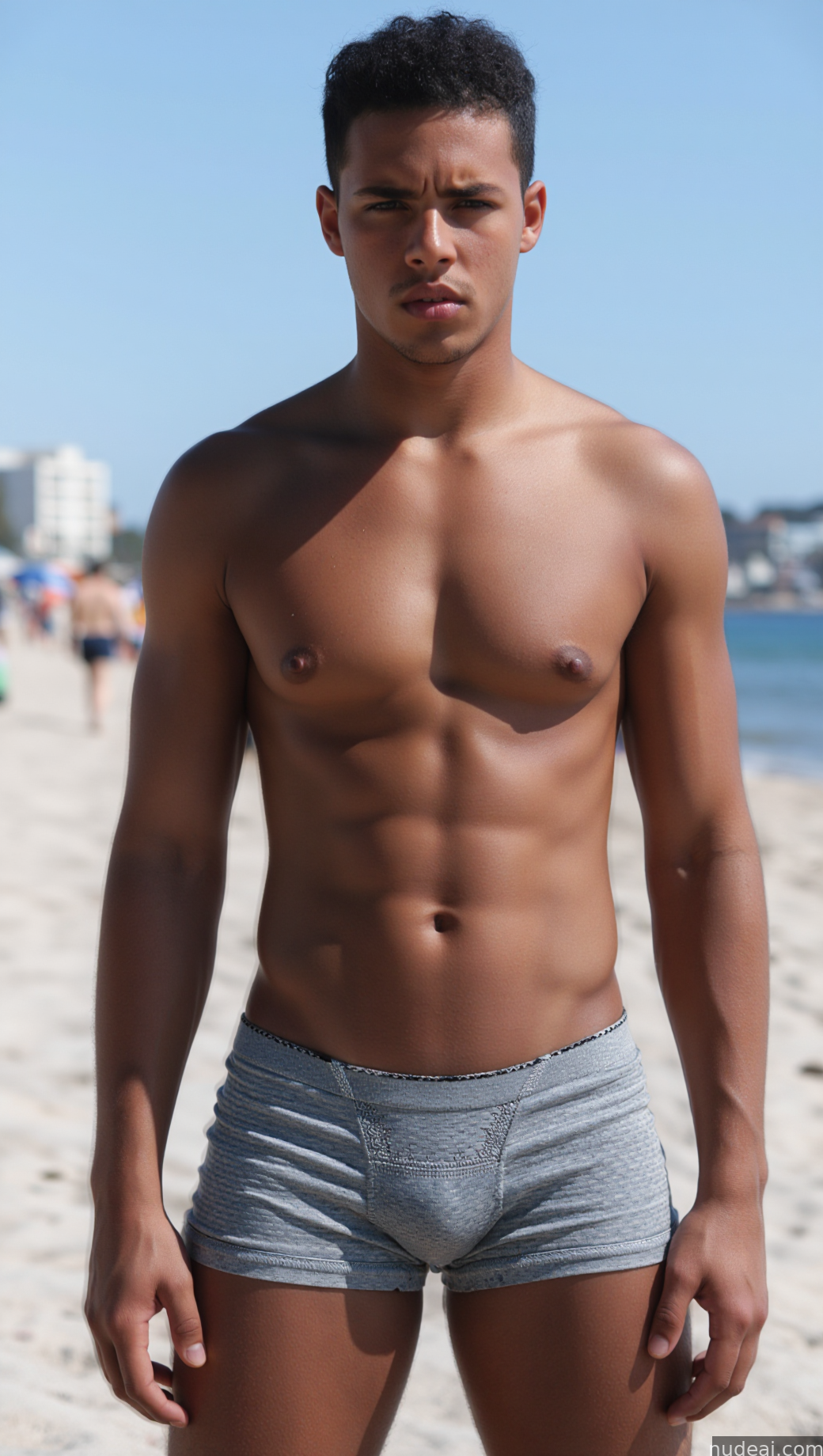 arafed man in grey trunks on the beach with a frisbee