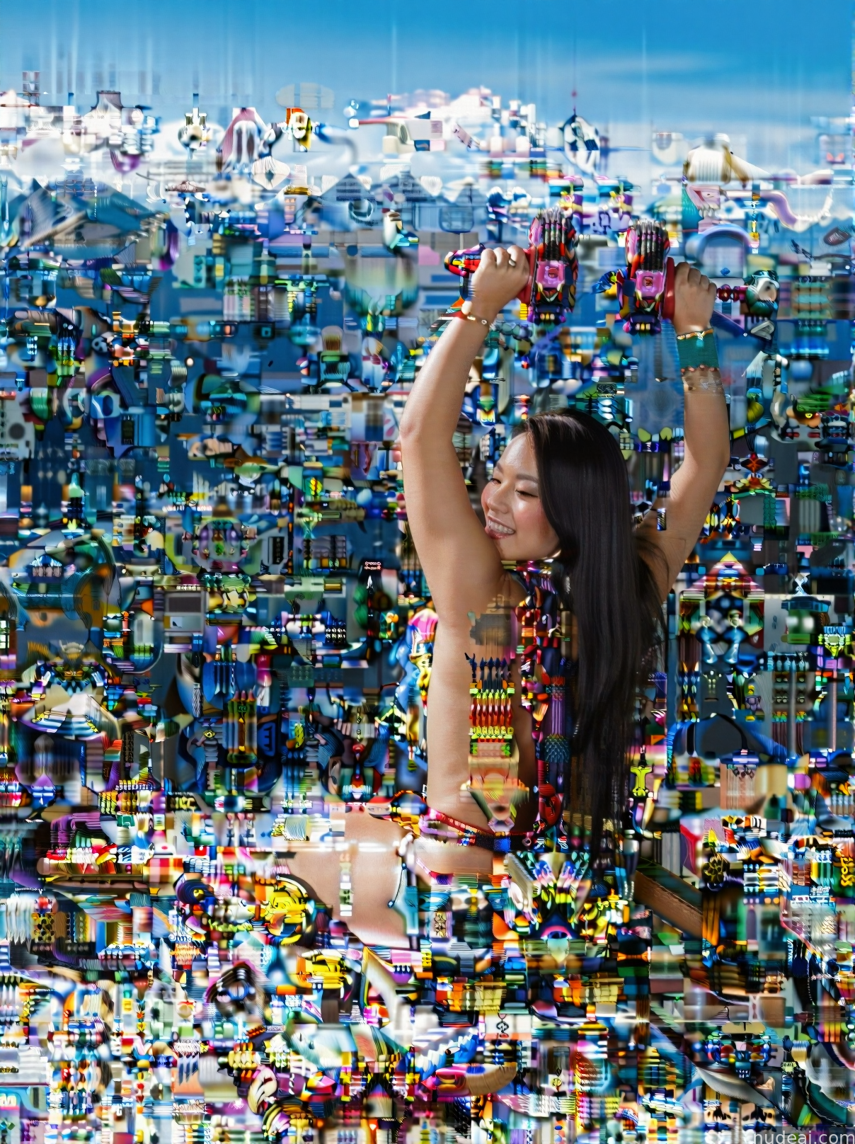 there is a woman sitting on a bed of legos in a room