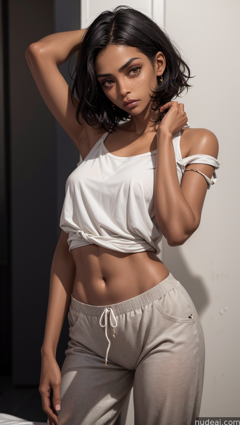 arafed woman in a white top and tan pants posing for a picture