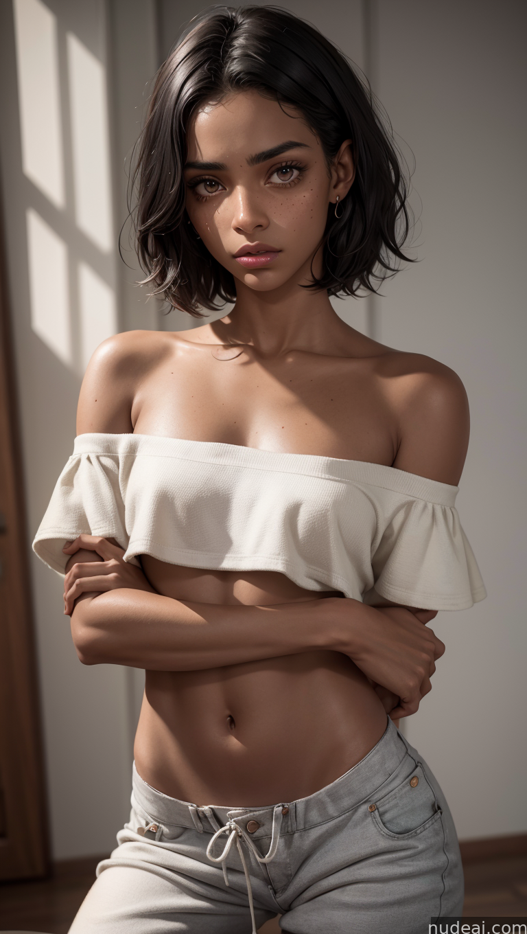 arafed woman in a white top and jeans posing for a picture