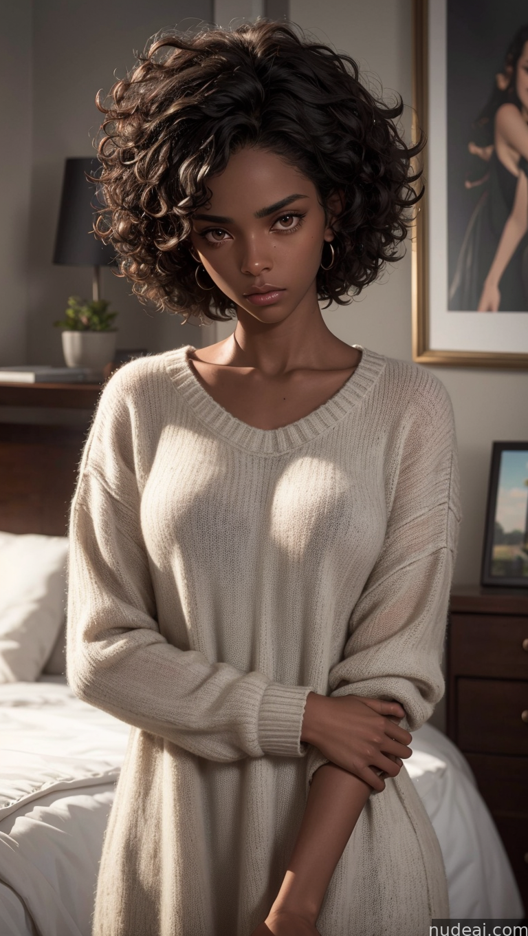arafed woman in a sweater and skirt standing in a bedroom