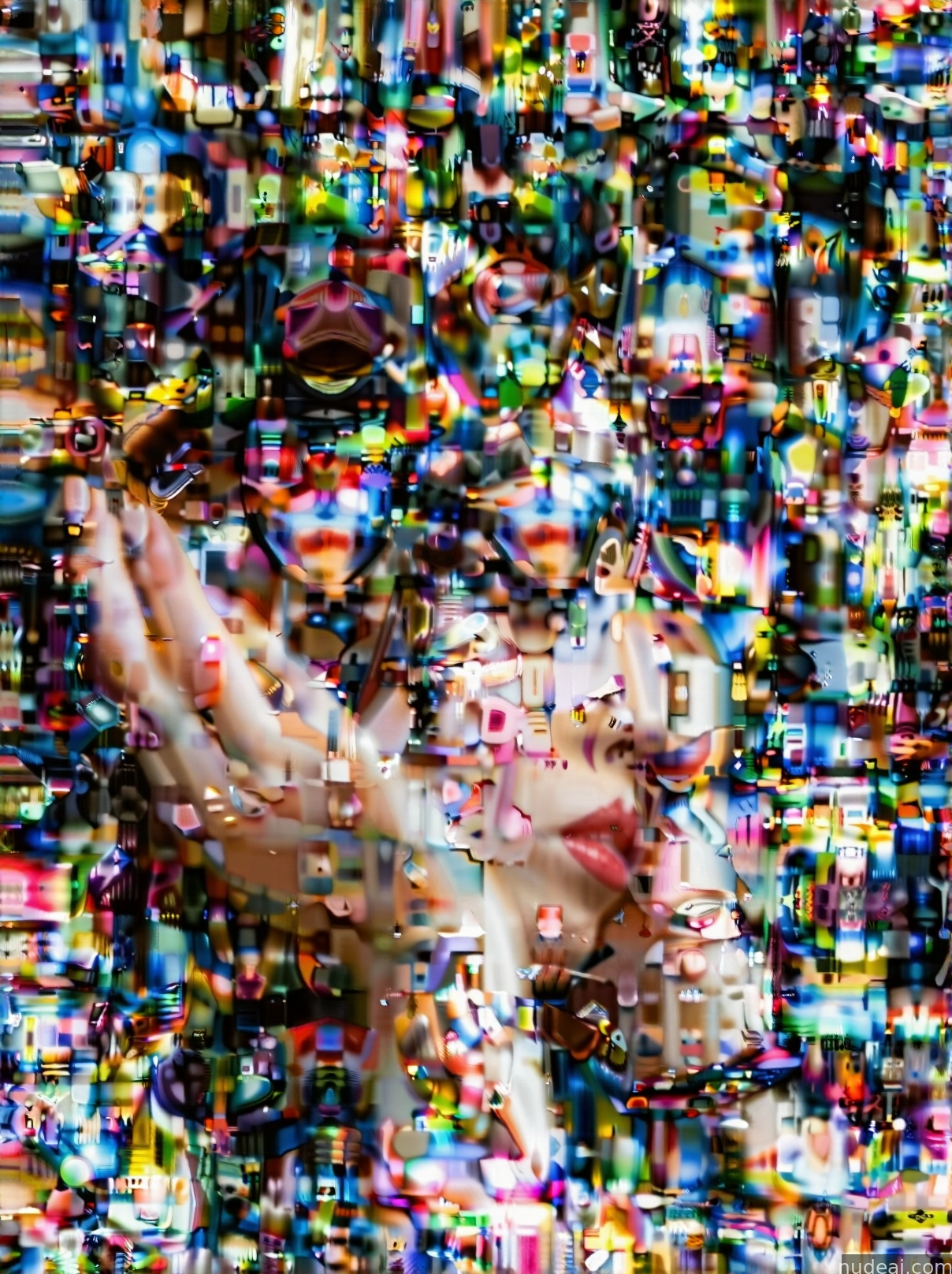 arafed image of a woman holding a tennis racket in front of a wall of television screens