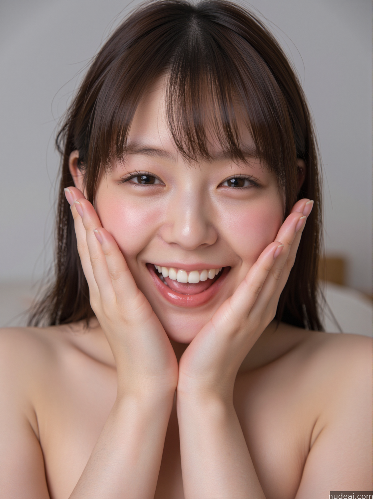 arafed asian woman with a smile on her face and hands on her face