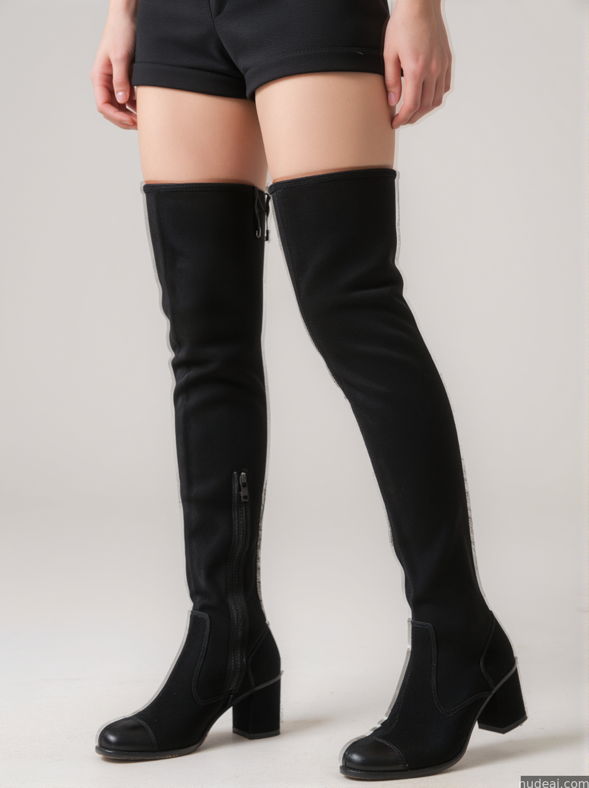 a close up of a woman wearing black boots and a black top