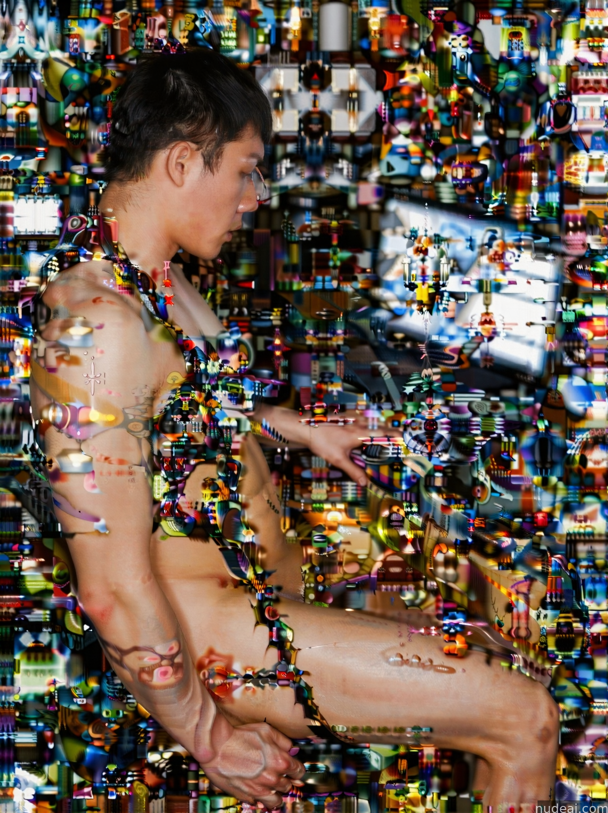 arafed man sitting on a pile of assorted objects in a room