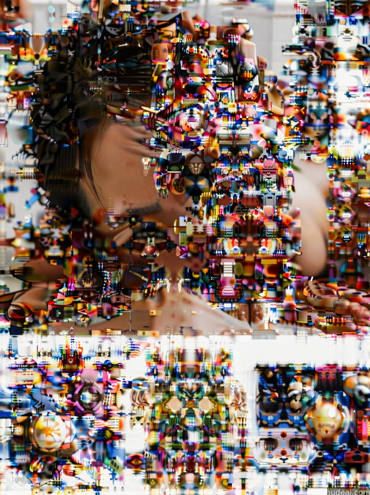 there is a woman that is looking at a picture of a bunch of beads