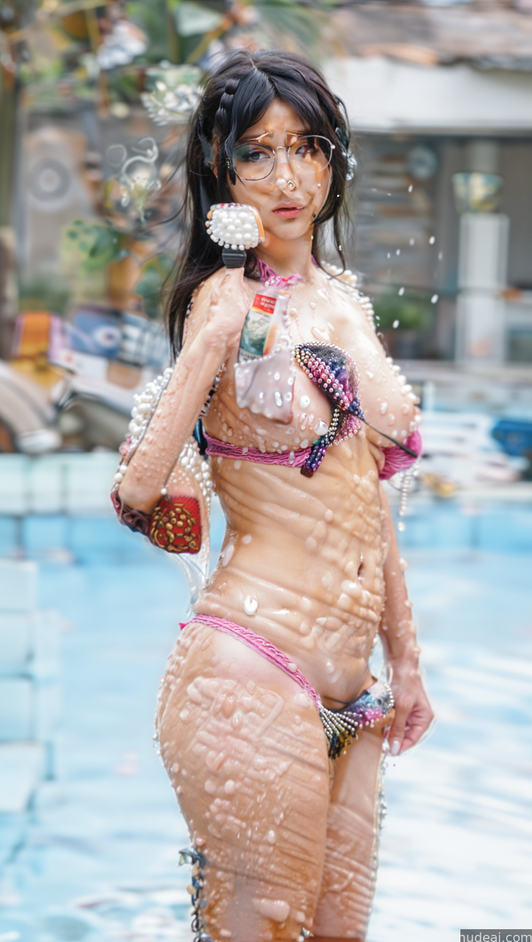woman in a bikini standing in a pool with water spraying her face
