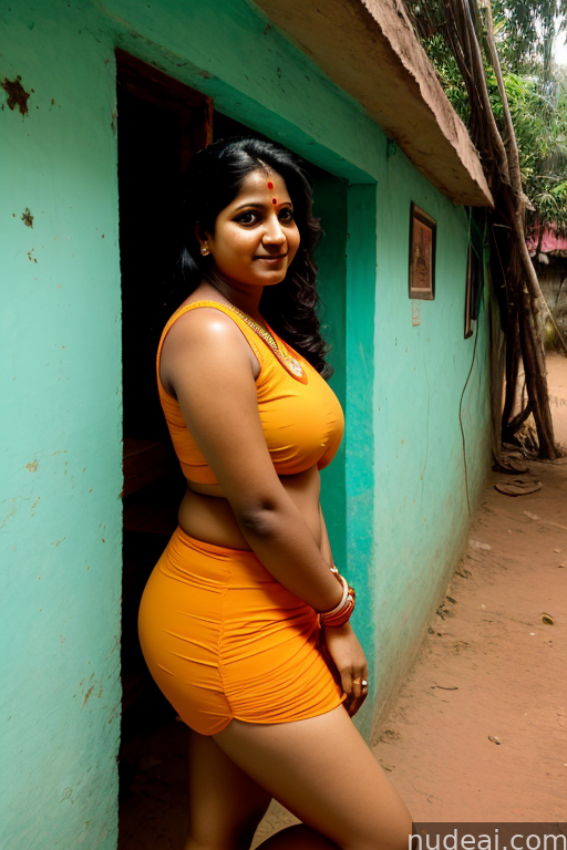 araffe woman in orange dress posing in front of a blue building