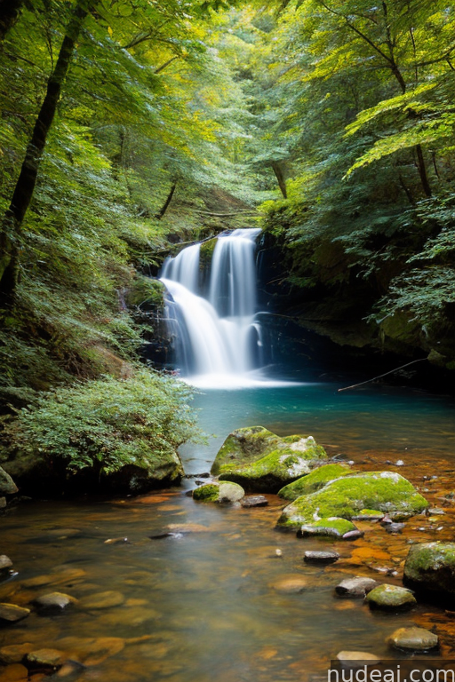 there is a waterfall in the middle of a forest with rocks