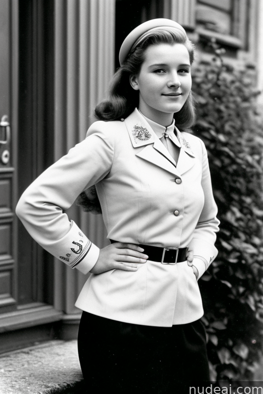 arafed woman in uniform standing in front of a building