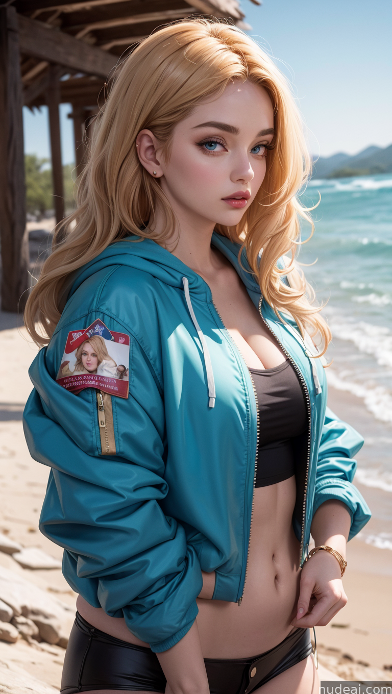 blond woman in a blue jacket and black bikini posing on the beach