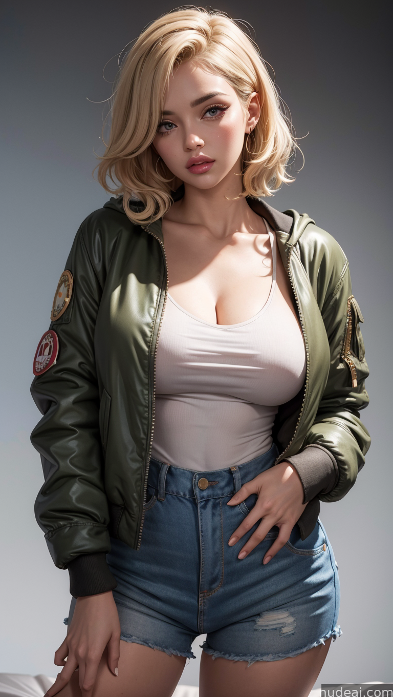 blonde woman in a green bomber jacket posing for a picture