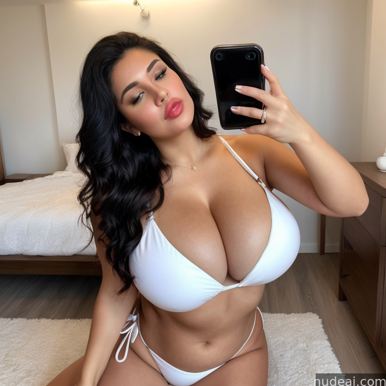 araffe woman in a white bikini taking a selfie in a bedroom