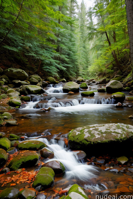 there is a stream running through a forest filled with rocks