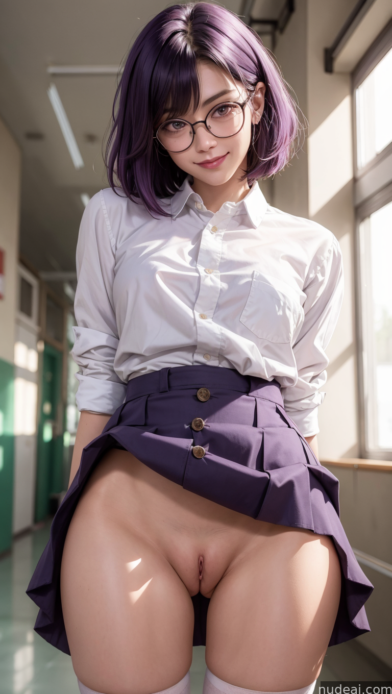 arafed asian girl in a skirt and glasses posing in a hallway